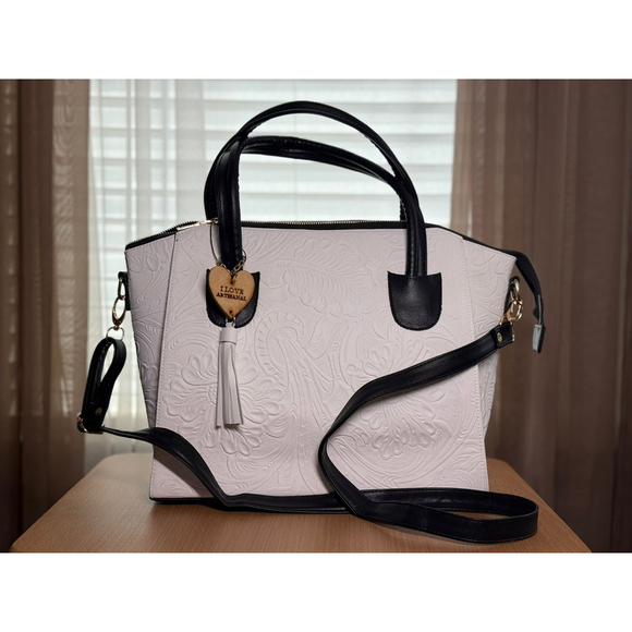 Black and White Embossed Tooled Artisan LEATHER Bag Purse Bolsa Artesanal Mexico - Picture 6 of 14